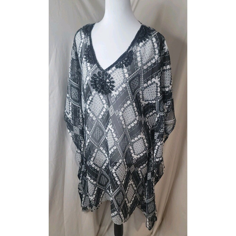 Boho Sheer Medium Kimono Top Black White Geometric Print Poncho Tunic
